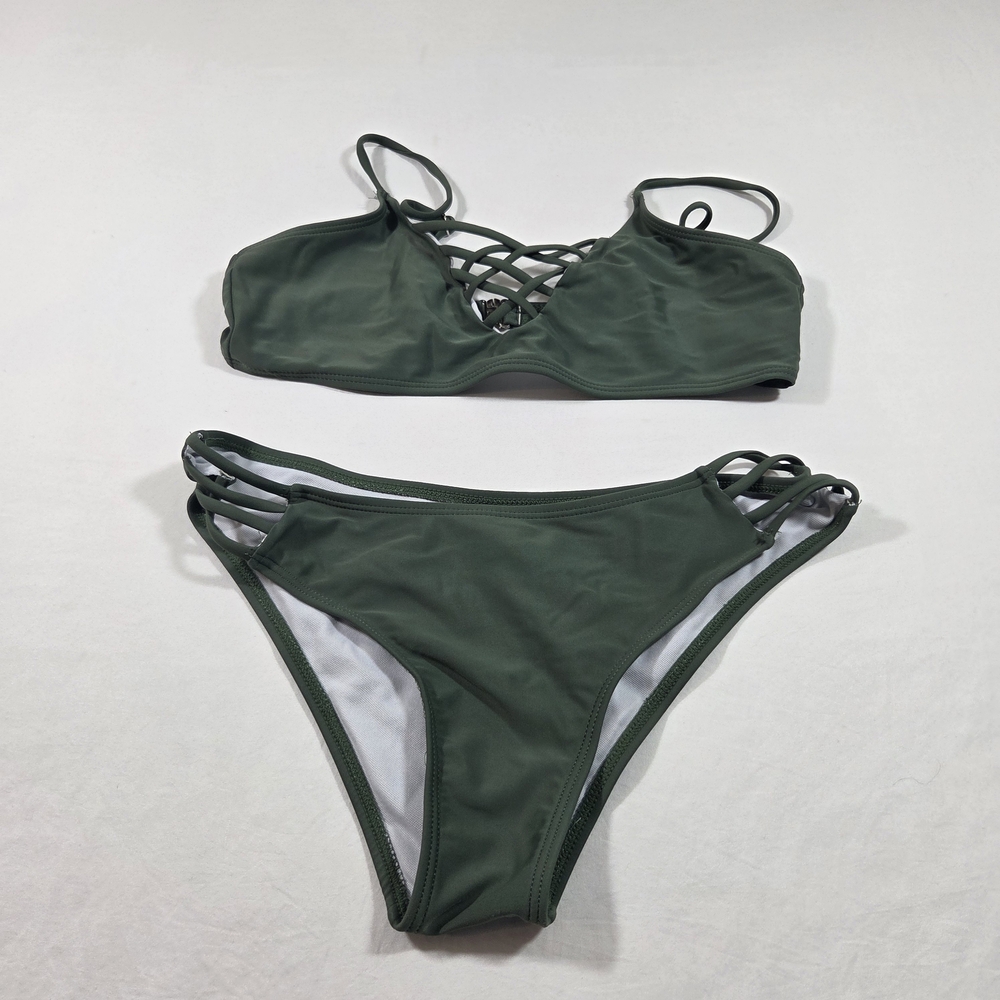 Strappy Olive Green Lace-Up Bikini Set - Women Swim Tropical Beach